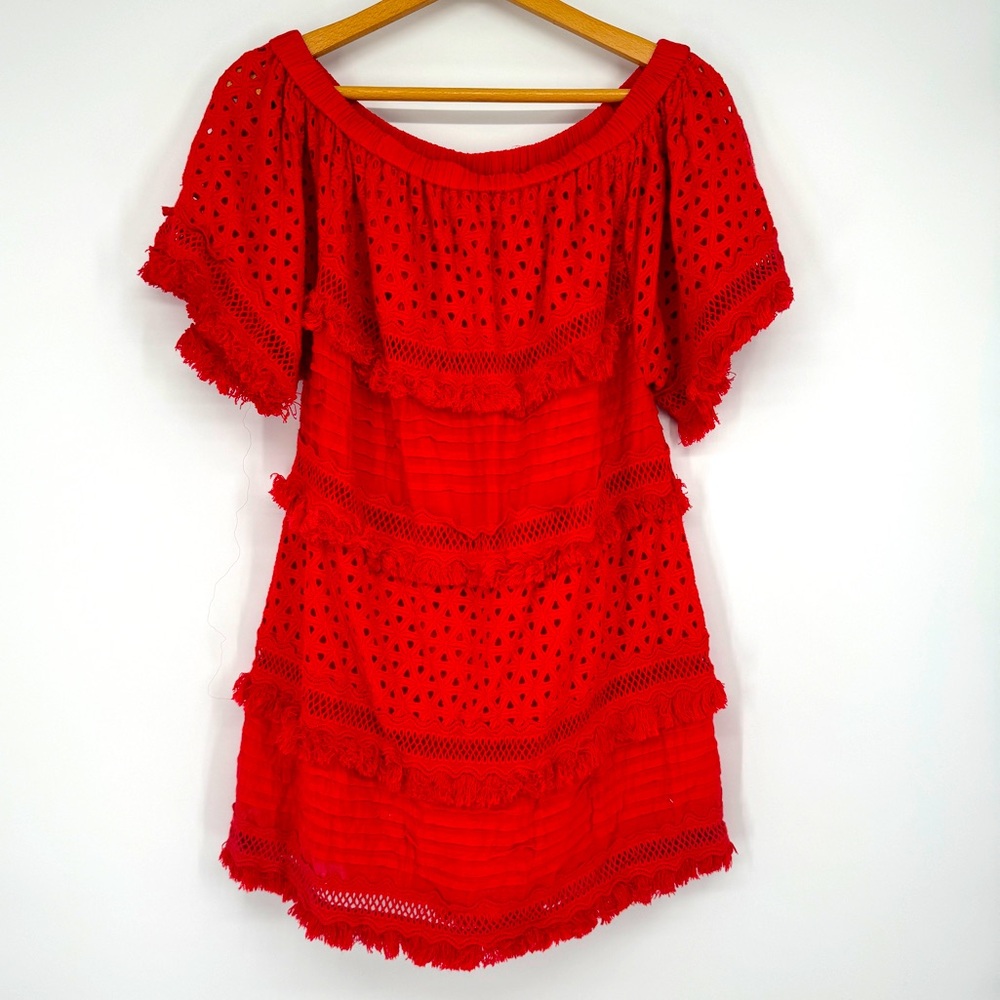 Roaman’s crochet off shoulder fringe red mini dress